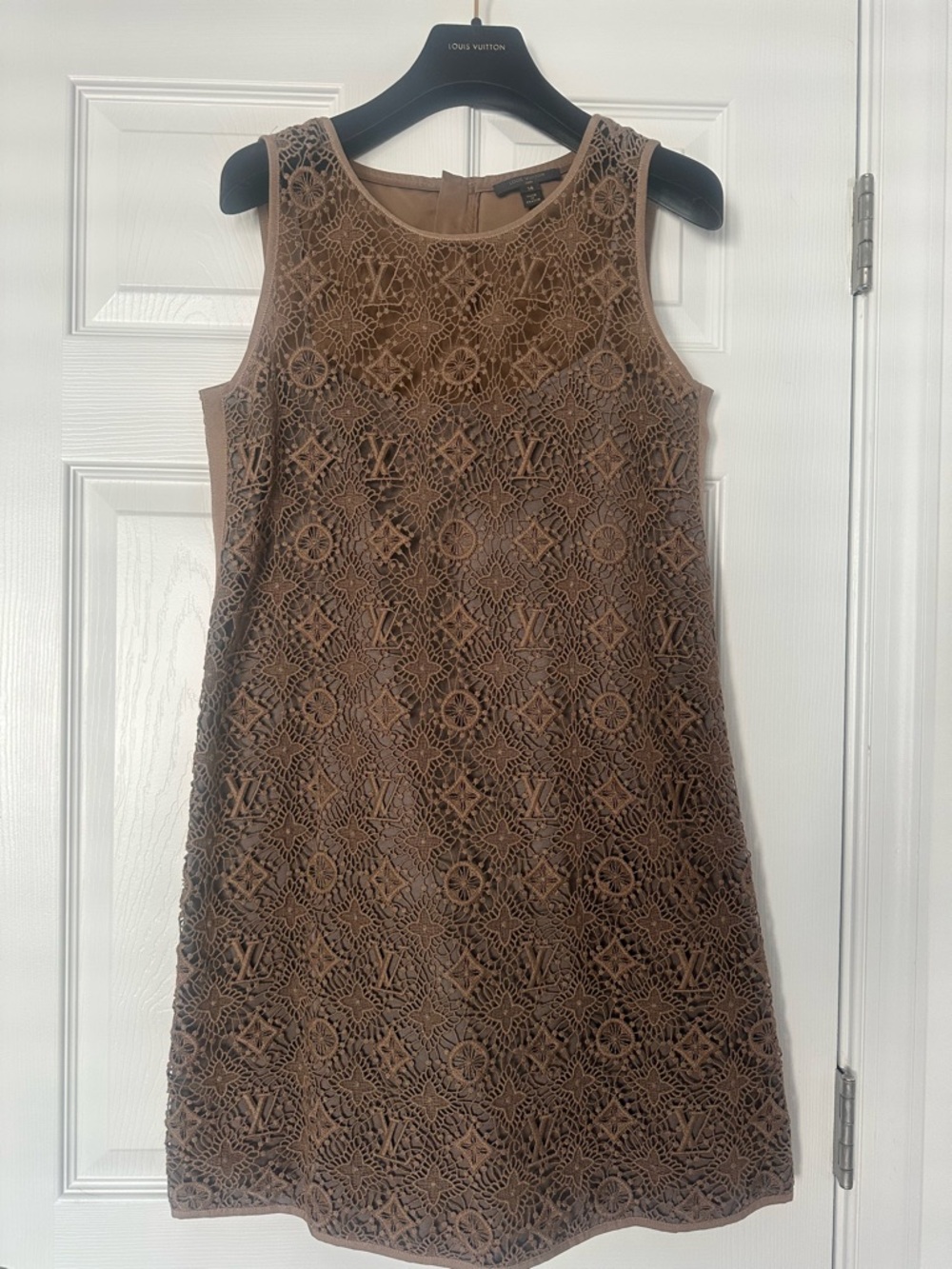 Louis Vuitton Taupe Brown Lace Logo A-Line Dress
